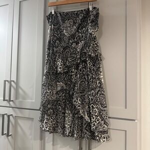 Lauren Ralph Lauren Black White Floral 100% Silk Ruffle Tiered Midi Skirt XL